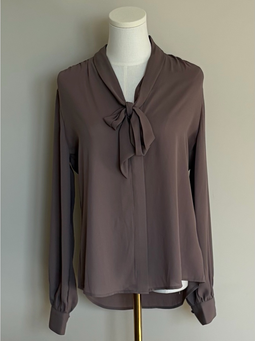 Express Taupe Bow Tie Long Sleeve Portofino Blouse